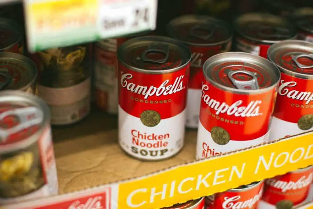 Canned soup on supermarket shelf