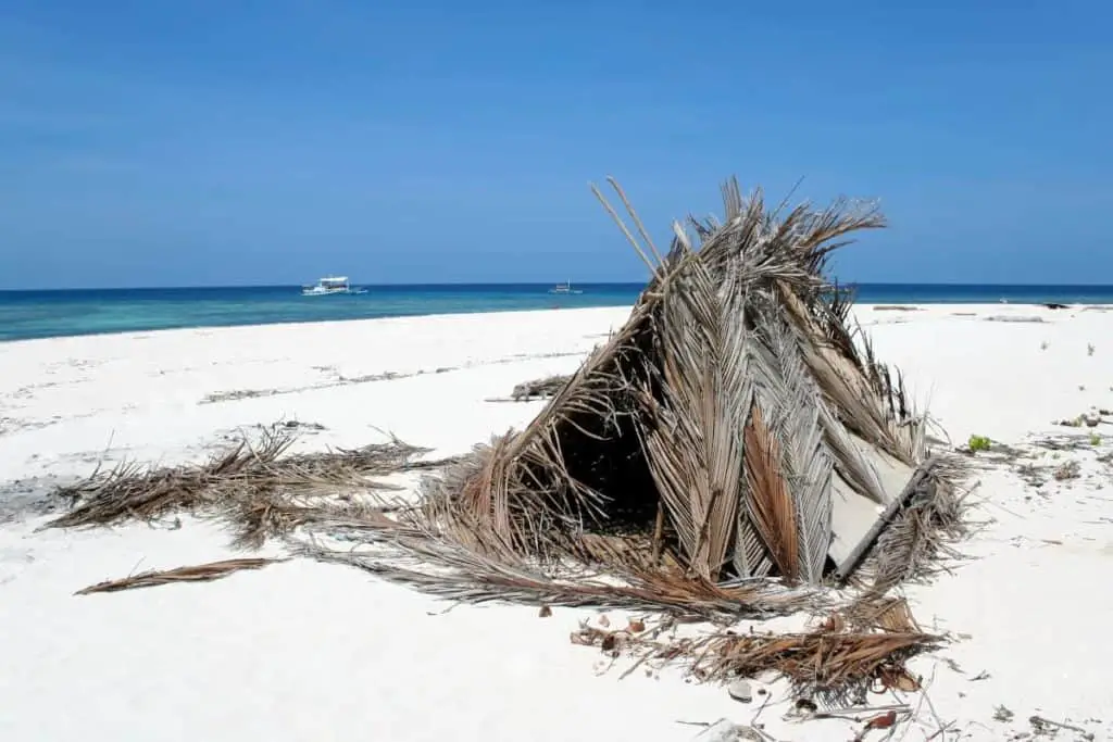 Debris shelter on an island beach