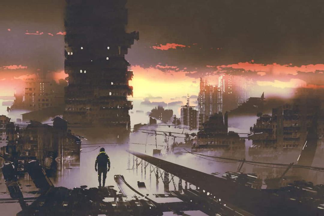 Man surveying post-apocalyptic city after SHTF